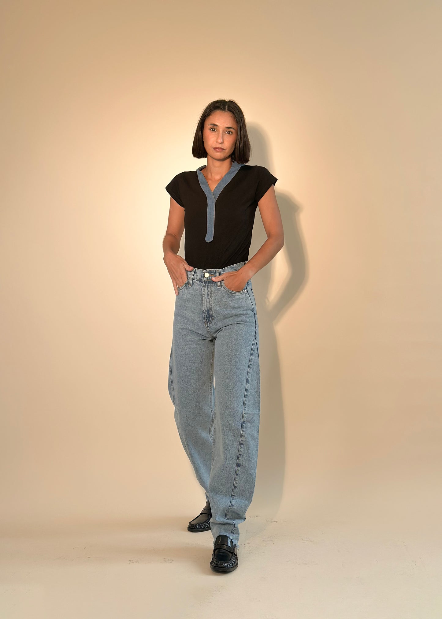 BLACK TSHIRT DENIM DETAILS