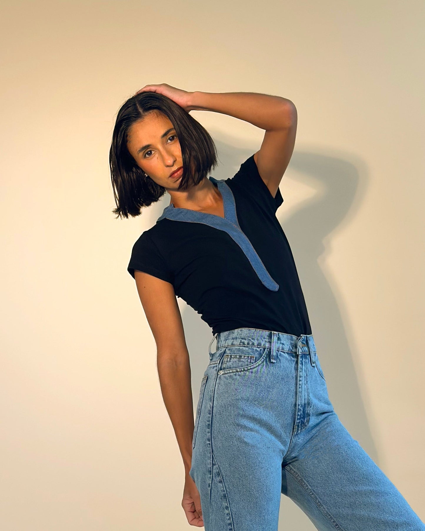 BLACK TSHIRT DENIM DETAILS