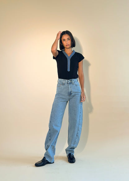 BLACK TSHIRT DENIM DETAILS