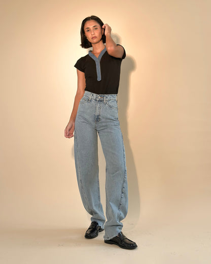 BLACK TSHIRT DENIM DETAILS