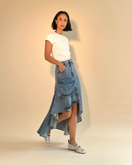 RUFFLED JEAN SKIRT